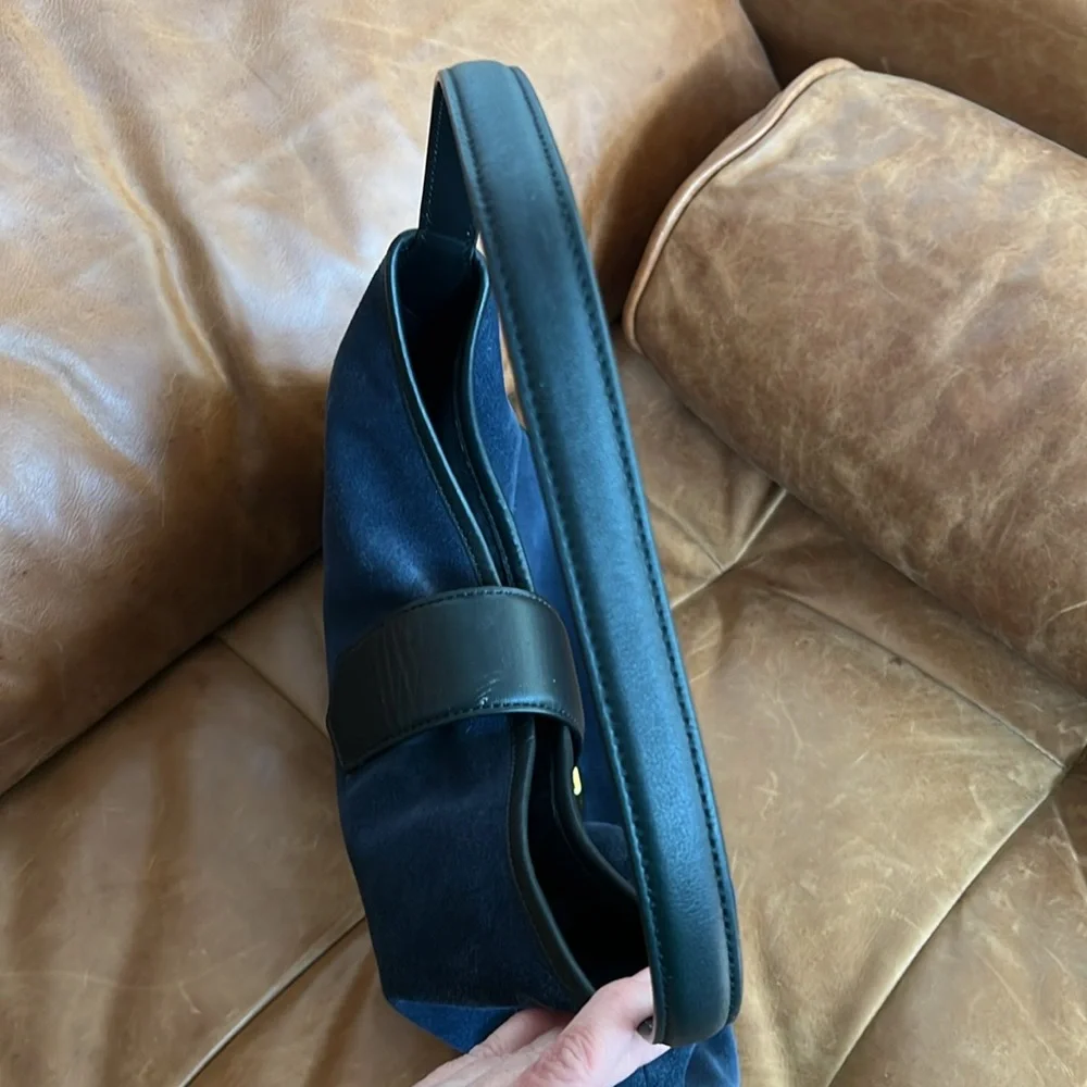 J. Crew Navy Suede Shoulder Bag with Black Strap and Gold Accent